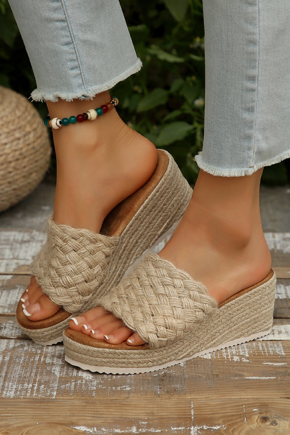 Woven Wide Band Platform Slippers