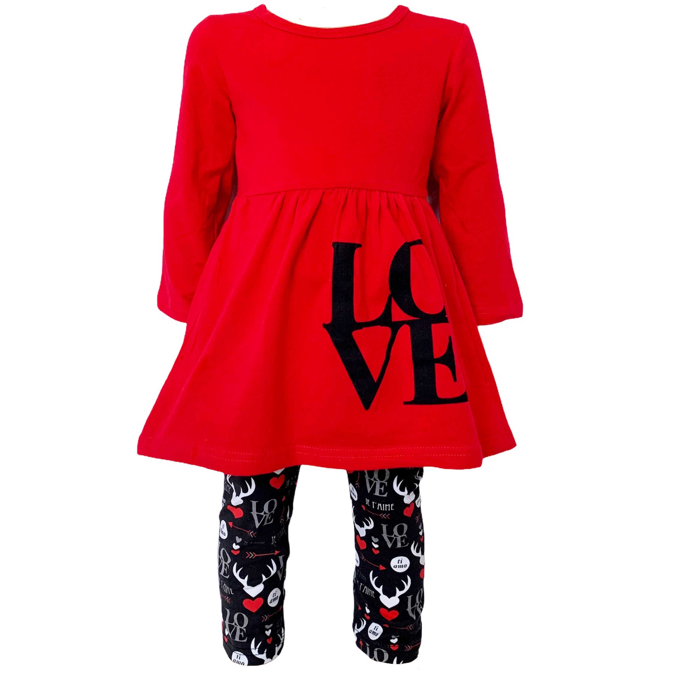 Girls Valentine's Day LOVE Red Long Sleeve Tunic Leggings & Scarf Clothing Set-0