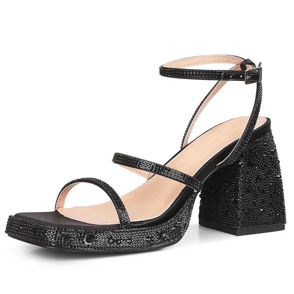 GIGIFOX Women’s Platform Sandals – Chunky High Heel, Ankle Strap Buckle, Shiny Crystal Design