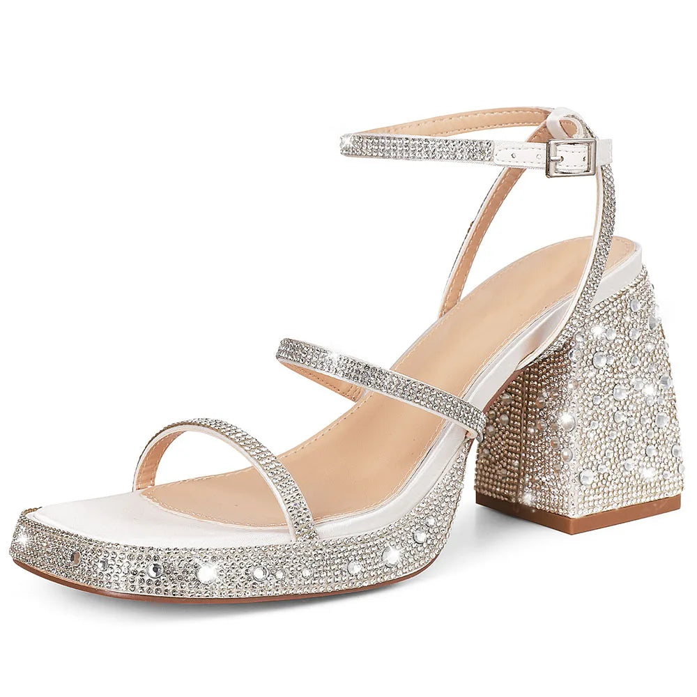GIGIFOX Women’s Platform Sandals – Chunky High Heel, Ankle Strap Buckle, Shiny Crystal Design