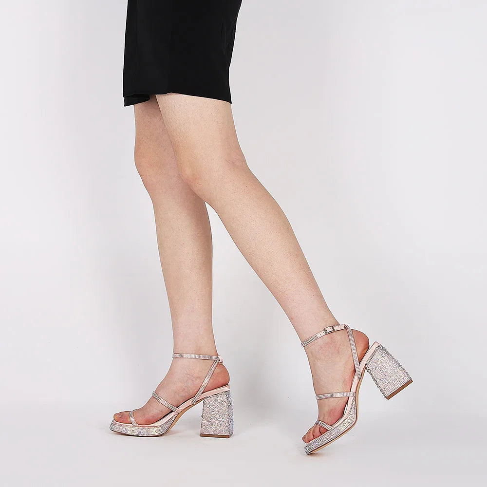 GIGIFOX Women’s Platform Sandals – Chunky High Heel, Ankle Strap Buckle, Shiny Crystal Design