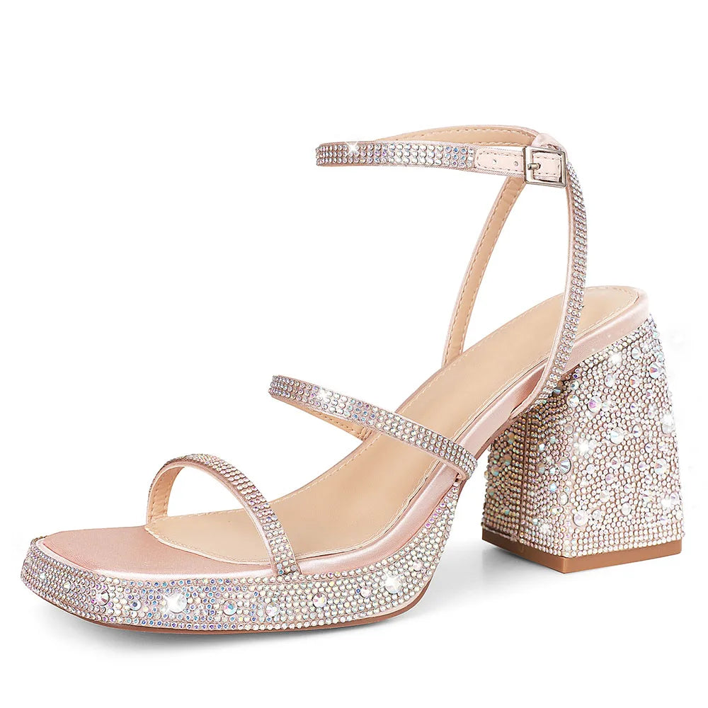 GIGIFOX Women’s Platform Sandals – Chunky High Heel, Ankle Strap Buckle, Shiny Crystal Design